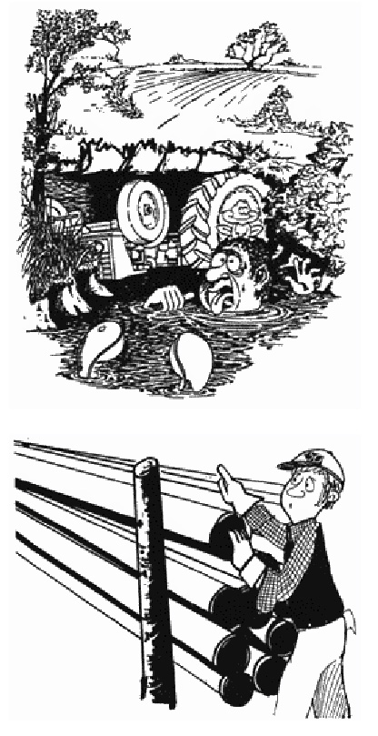 Illustration of man in pond after tractor accident & of a man inspecting pipes