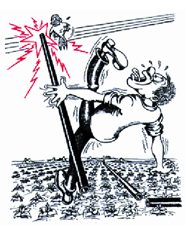 illustration of man being electrocuted by metal pipe hitting overhead wires