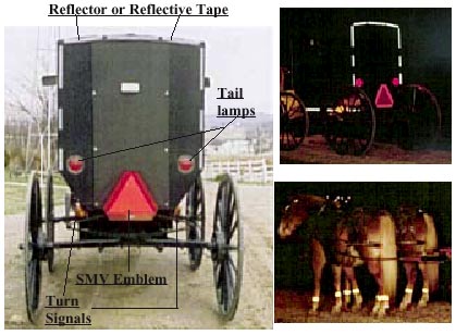 carrage with reflector or reflective tape, smv emblem, tail lamps and turn signals