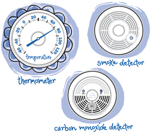 Thermometer, smoke detector, and carbon monoxide detector graphic