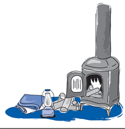 Furnace, wood, and lantern and blankets graphic