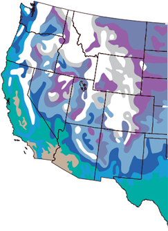 Map of the U.S. showing the West Coast and the Rockies and snow level