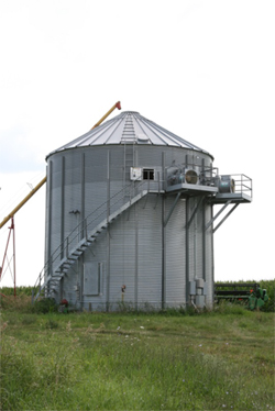 Grain storage with stairs to the top and auger