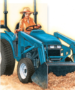 Youth operating a tractor-mounted front-end loader