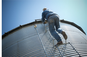 Photo of a man climbing a ladder on a grain bin