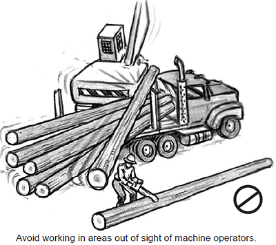 Avoid working in areas out of sight of machine operators.
