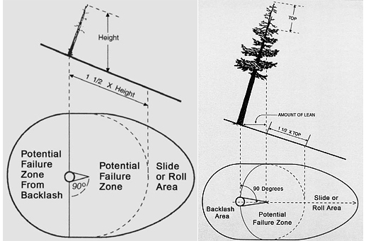 With a lean or slope, the amount of lean is measured as the horizontal distance from the base of the tree to the point where the part could dislodge. This distance is added to the failure zone in the direction of lean and out 90 degrees on either side of the tree.