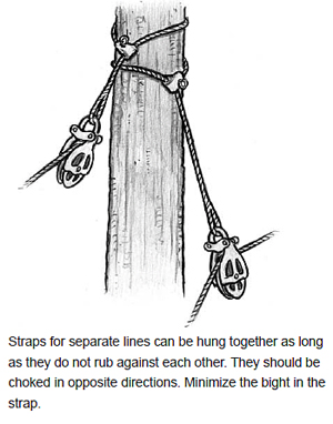 Straps for separate lines can be hung together as long as they do not rub against each other. They should be choked in opposite directions. Minimize the bight in the strap.