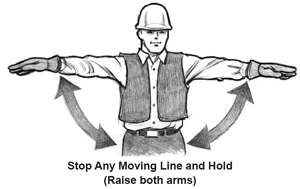 Stop any moving line and hold (Raise both arms)