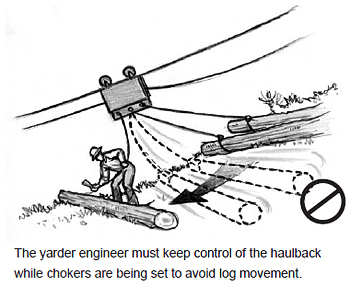The yarder engineer must keep control of the haulback while chokers are being set to avoid log movement.