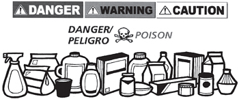 Danger warning, caution, danger poison signs and bottles