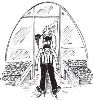 man being dragged out of a greenhouse by a worker in PPE
