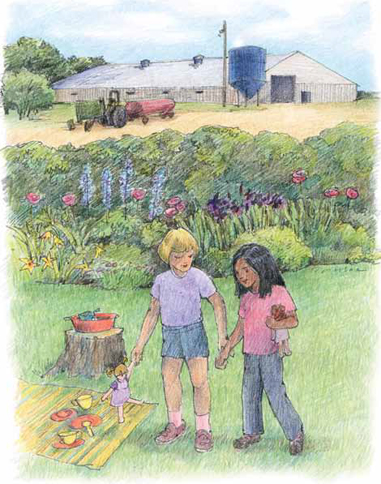 children playing near a farm
