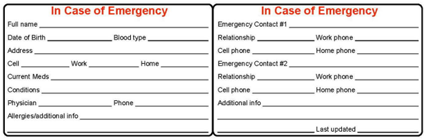 In case of emergency card to be printed out and laminated