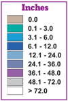 Key for the amount of inches  colored in the U.S. map