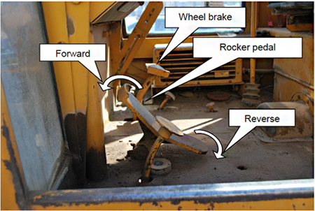 Photo of motor grader controls including rocker pedal and wheel brake.