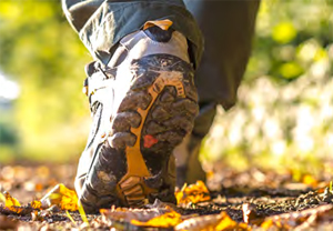 person in sneakers in the woods