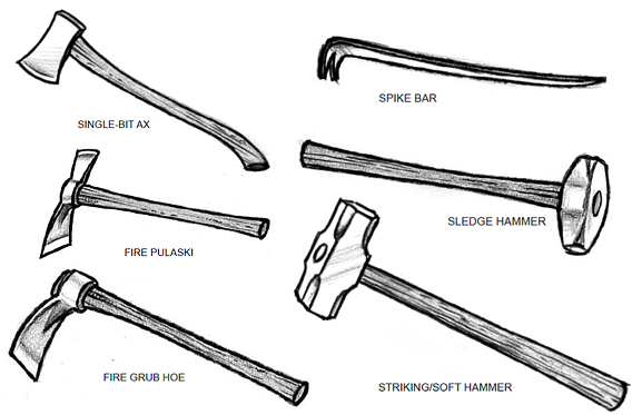 Single-bit axe, spike bar, sledge hammer, striking/soft hammer, fire grub hoe, fire pulaski