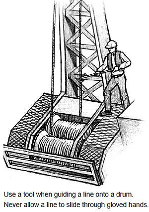 Use a tool when guiding a line onto a drum. Never allow a line to slide through gloved hands.