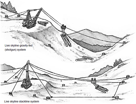 Live skyline gravity-fed (shotgun) system; Live skyline slackline system