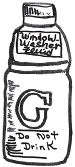 gatorade bottle containing window washer fluid, labeled 
