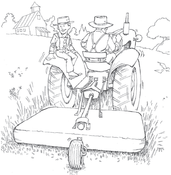 child riding on the tractor with his father