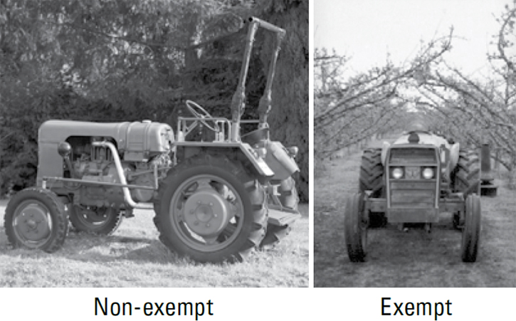 Tractor on a farm with a 2 bar ROPS and tractor in an orchard without a ROPS